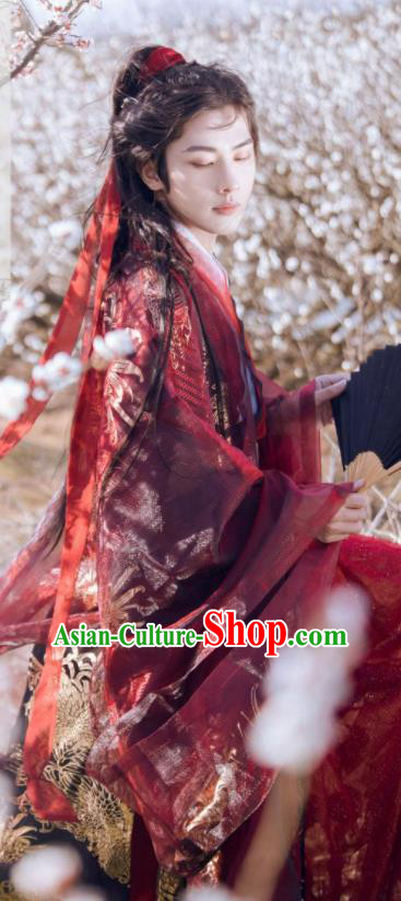 Traditional Chinese Jin Dynasty Swordsman Red Hanfu Clothing Ancient Nobility Childe Prince Wedding Replica Costumes for Men