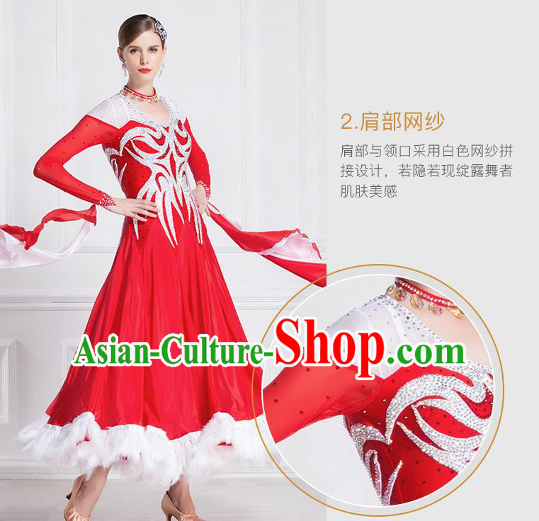 Top Grade Ballroom Dance Waltz Feather Red Dress Modern Dance International Dance Costume for Women