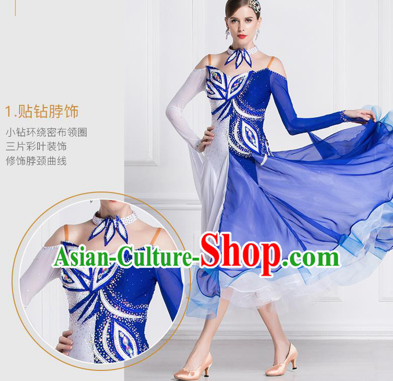 Top Grade Ballroom Dance Waltz Royalblue Veil Dress Modern Dance International Dance Costume for Women