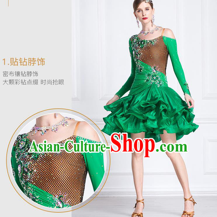 Top Grade Latin Dance Samba Green Short Dress Modern Dance International Ballroom Dance Costume for Women