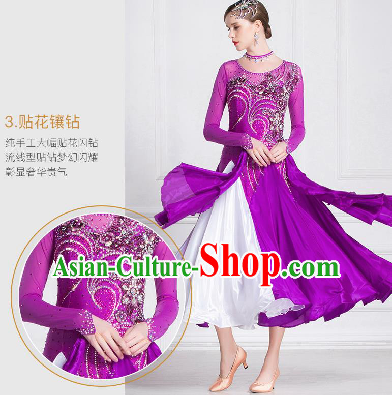 Top Grade International Waltz Dance Embroidered Purple Dress Ballroom Dance Modern Dance Costume for Women