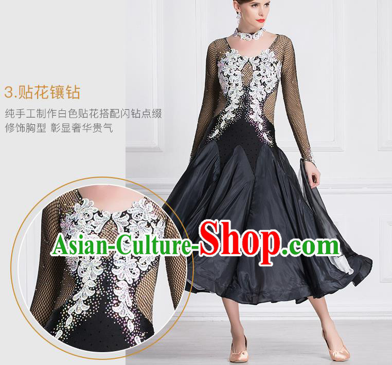 Top Grade International Waltz Dance Embroidered Lace Black Dress Ballroom Dance Modern Dance Costume for Women