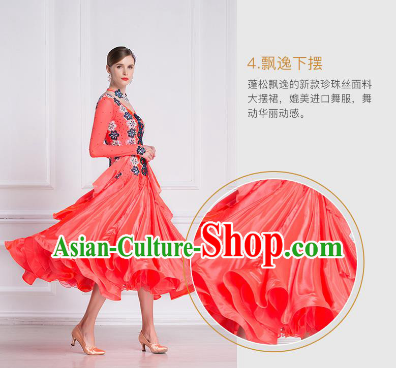 Top Grade International Waltz Dance Watermelon Red Dress Ballroom Dance Modern Dance Competition Costume for Women