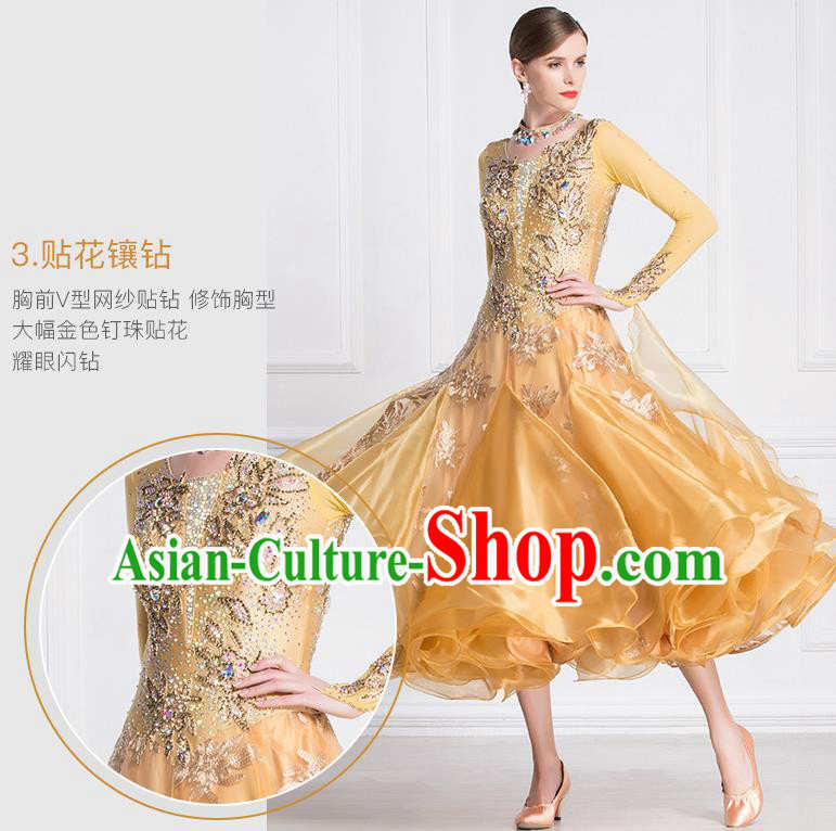 Professional International Waltz Dance Golden Dress Ballroom Dance Modern Dance Competition Costume for Women