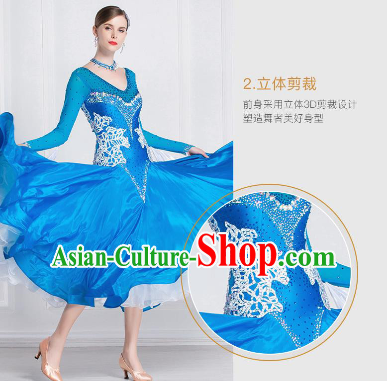 Professional International Waltz Dance Blue Dress Ballroom Dance Modern Dance Competition Costume for Women