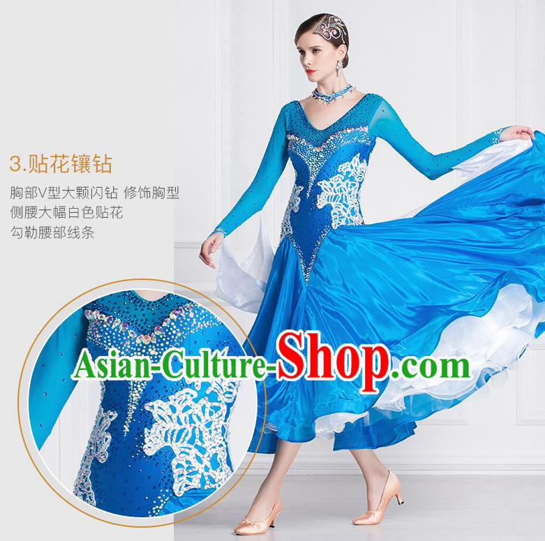 Professional International Waltz Dance Blue Dress Ballroom Dance Modern Dance Competition Costume for Women