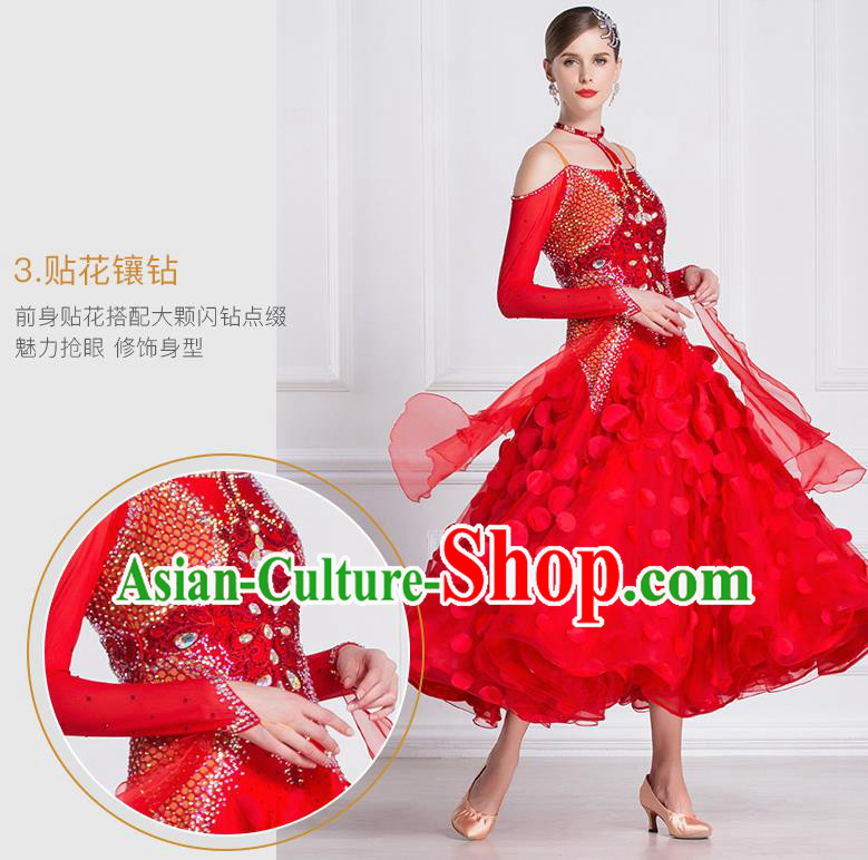 Professional International Waltz Dance Red Dress Ballroom Dance Modern Dance Competition Costume for Women