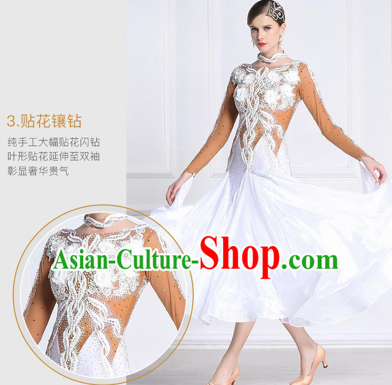 Top Grade International Waltz Dance White Flowers Dress Ballroom Dance Modern Dance Costume for Women