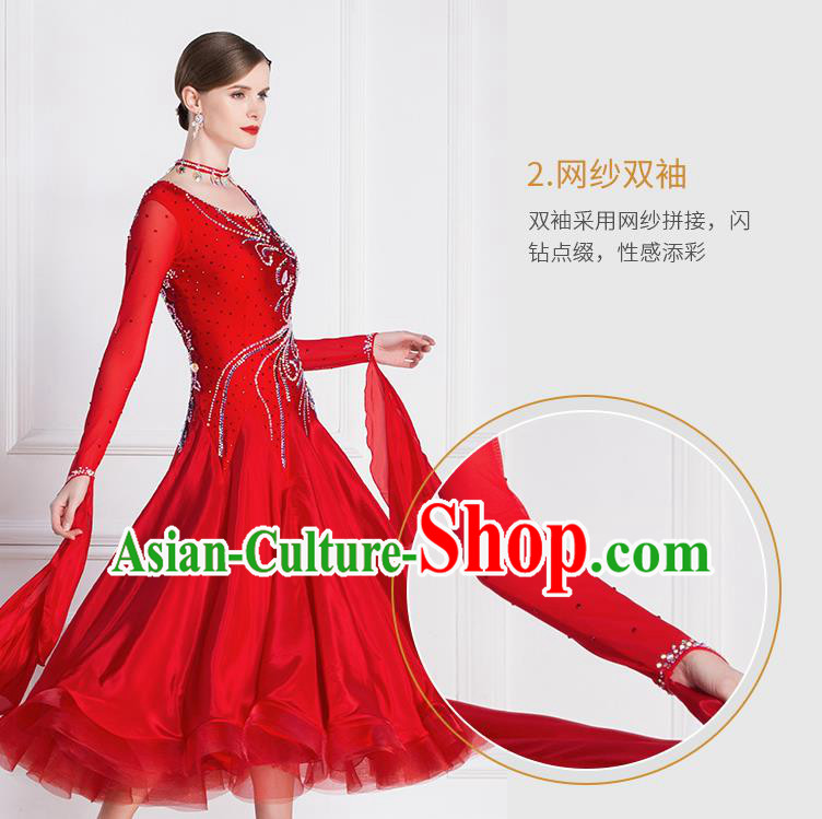Professional Modern Dance Waltz Red Dress International Ballroom Dance Competition Costume for Women