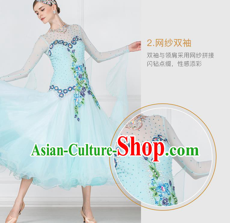 Professional International Waltz Dance Light Blue Dress Ballroom Dance Modern Dance Competition Costume for Women