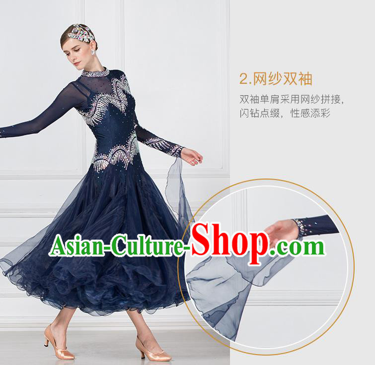 Professional Waltz Tango Competition Navy Blue Dress Modern Dance International Ballroom Dance Costume for Women