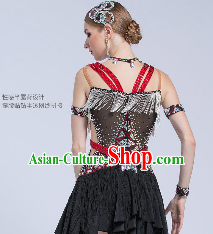 Top Latin Dance Competition Black Tassel Dress Modern Dance International Rumba Dance Costume for Women