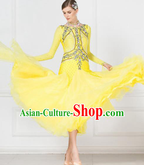 Professional Modern Dance Waltz Competition Diamante Yellow Dress International Ballroom Dance Costume for Women