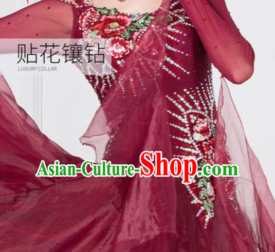 Professional Modern Dance Waltz Wine Red Dress International Ballroom Dance Competition Costume for Women