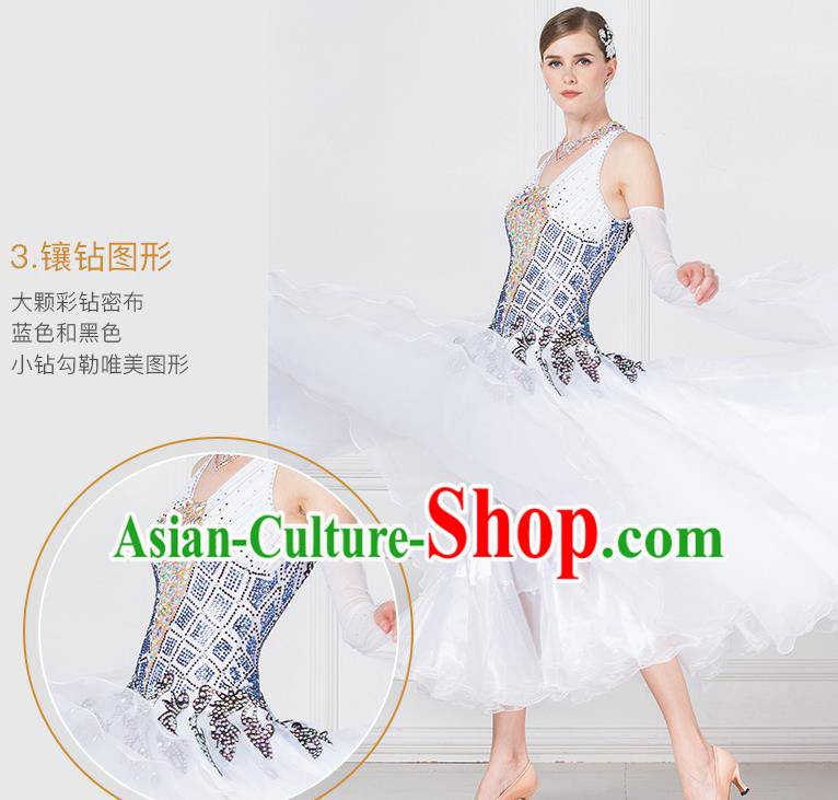 Professional Modern Dance Waltz Competition White Dress International Ballroom Dance Costume for Women
