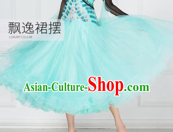 Professional Modern Dance Waltz Light Blue Veil Dress International Ballroom Dance Competition Costume for Women