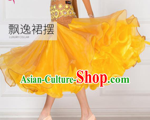 Professional Modern Dance Waltz Yellow Veil Dress International Ballroom Dance Competition Costume for Women