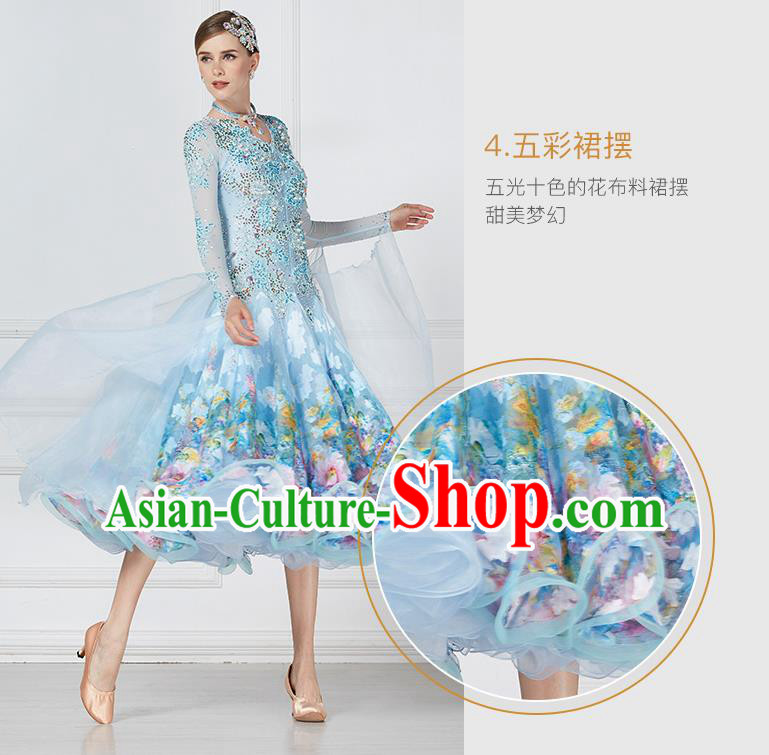 Professional Modern Dance Waltz Competition Blue Lace Dress International Ballroom Dance Costume for Women