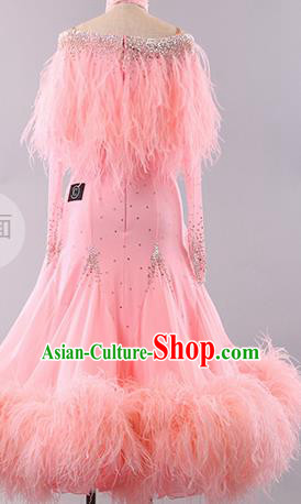 Professional Modern Dance Waltz Pink Feather Dress International Ballroom Dance Competition Costume for Women
