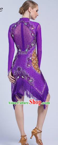 Top Latin Dance Competition Purple Tassel Short Dress Modern Dance International Rumba Dance Costume for Women