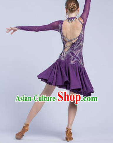 Top Latin Dance Competition Deep Purple Dress Modern Dance International Rumba Dance Costume for Women