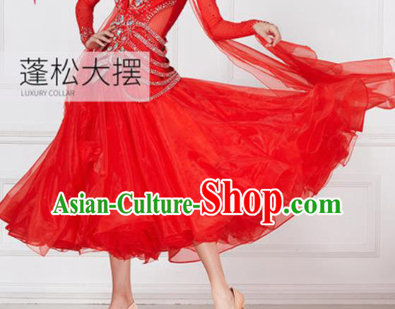 Professional Modern Dance Waltz Red Dress International Ballroom Dance Competition Costume for Women