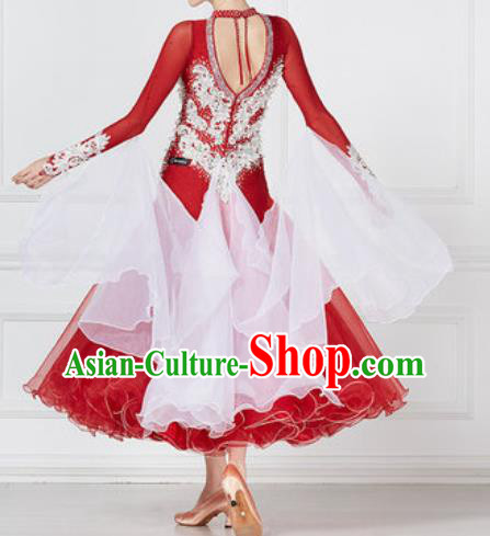Professional Modern Dance Red Dress Ballroom Dance International Waltz Competition Costume for Women