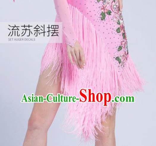 Top Latin Dance Competition Pink Tassel Dress Modern Dance International Rumba Dance Costume for Women