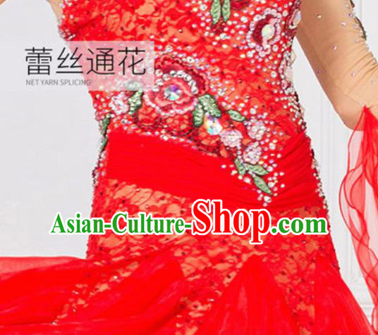 Top Grade Modern Dance Red Lace Dress Ballroom Dance International Waltz Competition Costume for Women
