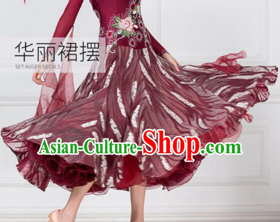 Top Grade Modern Dance Wine Red Dress Ballroom Dance International Waltz Competition Costume for Women