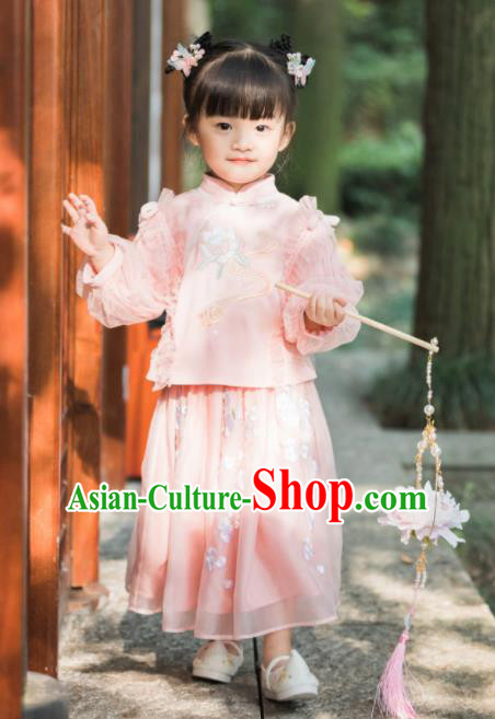 Chinese National Girls Pink Cheongsam Costume Traditional New Year Tang Suit Qipao Dress for Kids