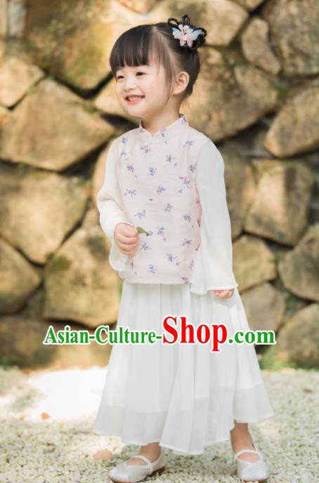 Chinese National Girls Pink Cheongsam Blouse and White Skirt Traditional New Year Tang Suit Costume for Kids