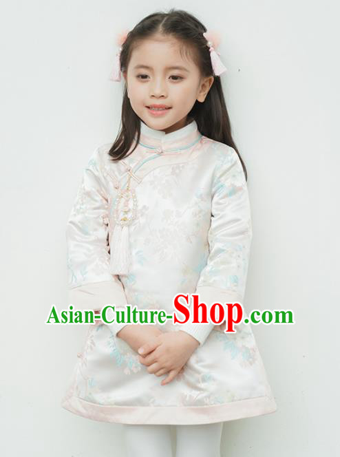 Chinese National Girls White Coat Costume Traditional New Year Tang Suit Outer Garment for Kids