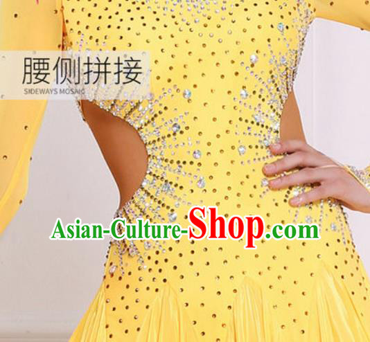 Top Grade Modern Dance Diamante Yellow Dress Ballroom Dance International Waltz Competition Costume for Women