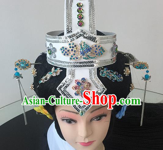 Chinese Beijing Opera Taoist Nun White Headgear Traditional Peking Opera Diva Wig Sheath and Hair Accessories for Women