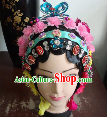 Chinese Beijing Opera Girls Pink Flowers Headgear Traditional Peking Opera Wig Sheath and Hair Accessories for Women