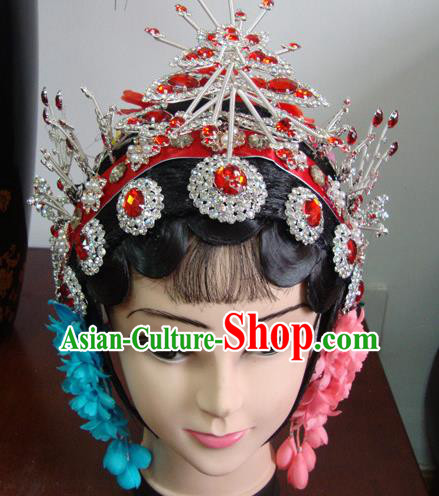 Chinese Beijing Opera Girls Red Headgear Traditional Peking Opera Wig Sheath and Hair Accessories for Women