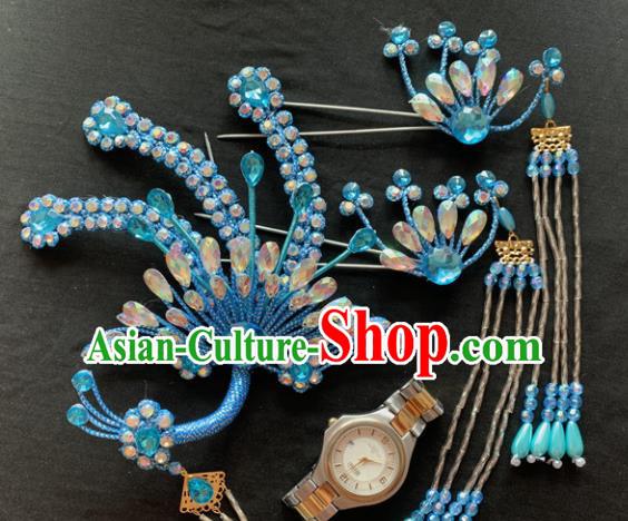 Chinese Beijing Opera Diva Blue Phoenix Tassel Hairpins Headgear Traditional Peking Opera Queen Hair Accessories for Women