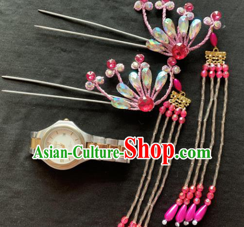 Chinese Beijing Opera Diva Pink Phoenix Tassel Hairpins Headgear Traditional Peking Opera Queen Hair Accessories for Women