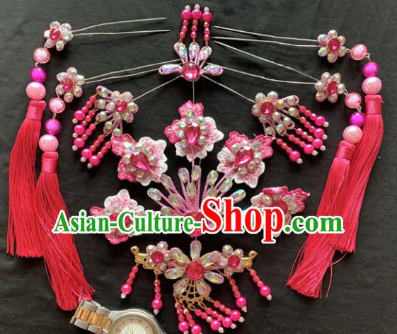 Chinese Beijing Opera Diva Rosy Flowers Tassel Hairpins Headgear Traditional Peking Opera Queen Hair Accessories for Women