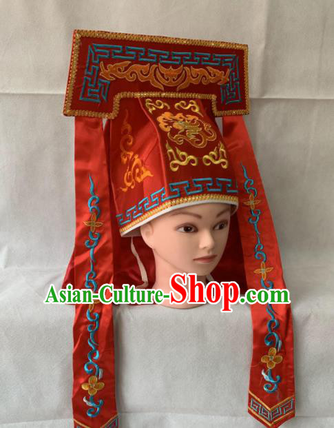 Chinese Beijing Opera Imperial Bodyguard Red Hat Traditional Peking Opera Swordsman Headwear for Men