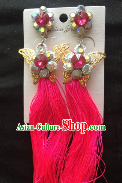 Chinese Beijing Opera Diva Red Tassel Butterfly Earrings Traditional Peking Opera Princess Ear Accessories for Women
