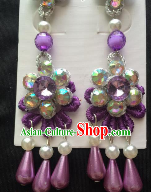 Chinese Beijing Opera Diva Purple Flower Earrings Traditional Peking Opera Princess Ear Accessories for Women