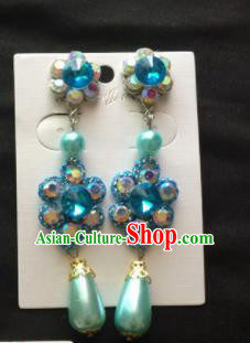 Chinese Beijing Opera Diva Blue Crystal Earrings Traditional Peking Opera Princess Ear Accessories for Women