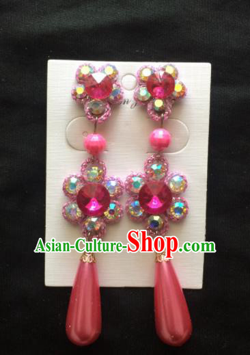 Chinese Beijing Opera Diva Rosy Crystal Earrings Traditional Peking Opera Princess Ear Accessories for Women