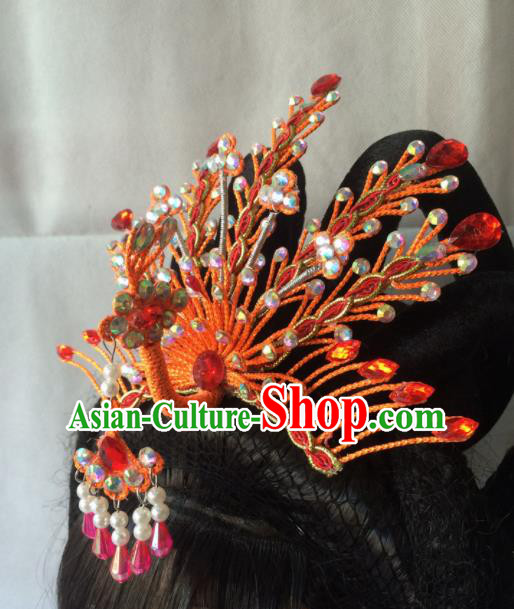 Chinese Beijing Opera Diva Red Phoenix Coronet Hairpins Traditional Peking Opera Queen Hair Accessories for Women