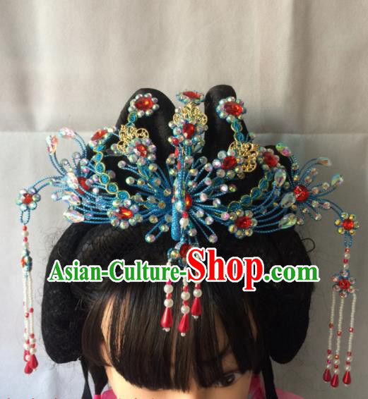 Chinese Beijing Opera Diva Blue Phoenix Coronet Hairpins Traditional Peking Opera Queen Hair Accessories for Women