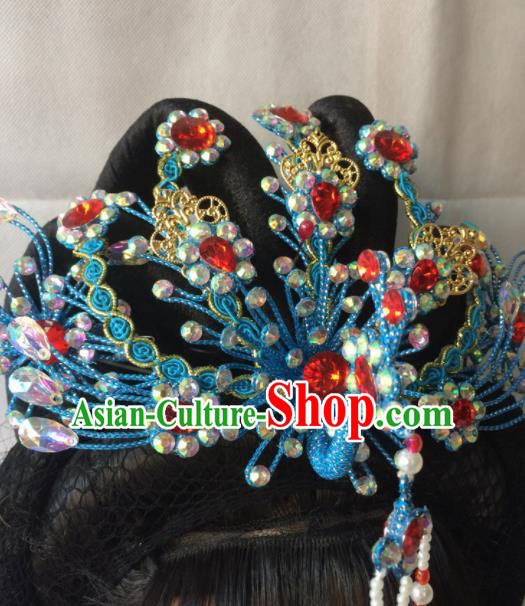Chinese Beijing Opera Diva Blue Phoenix Coronet Hairpins Traditional Peking Opera Queen Hair Accessories for Women