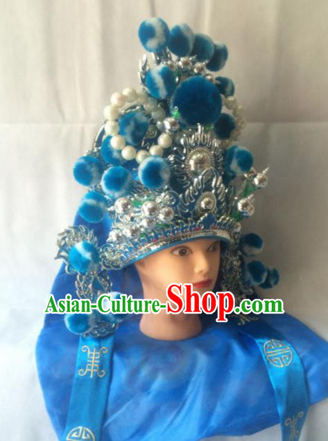 Chinese Beijing Opera Imperial Bodyguard Blue Hat Traditional Peking Opera Takefu Headwear for Men
