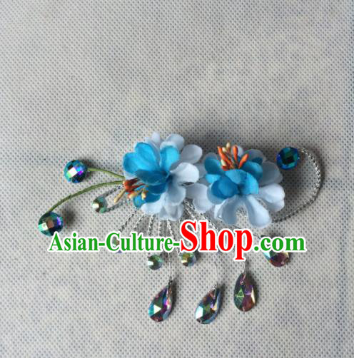 Chinese Beijing Opera Diva Blue Silk Flowers Hair Claw Hairpins Traditional Peking Opera Hair Accessories for Women